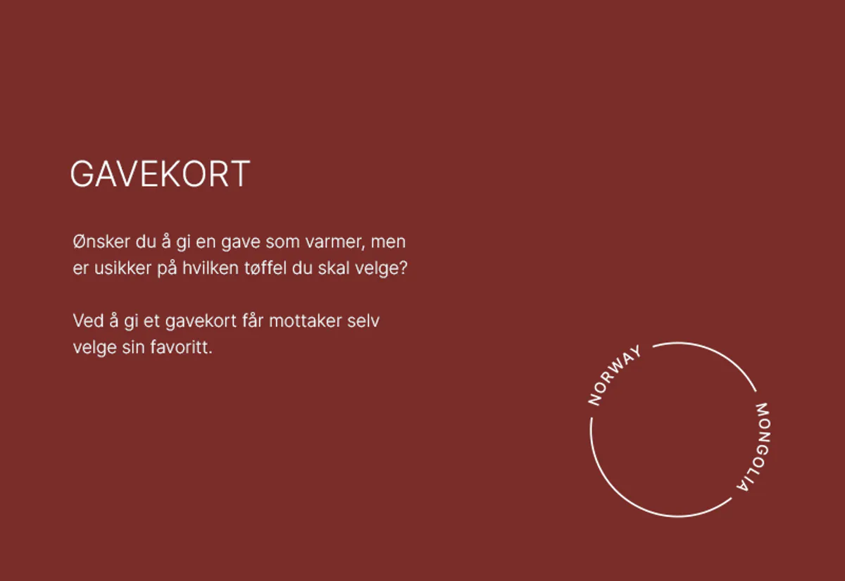 Gi et gavekort. Burgunder bakgrunn. Logo som illustrerer samarbeidet TOVA har med de mongolske håndtverkerene som tover produktene. Tekst på burgunder bakgrunn. Leder til side der man kan kjøpe gavekort i Tovashop.